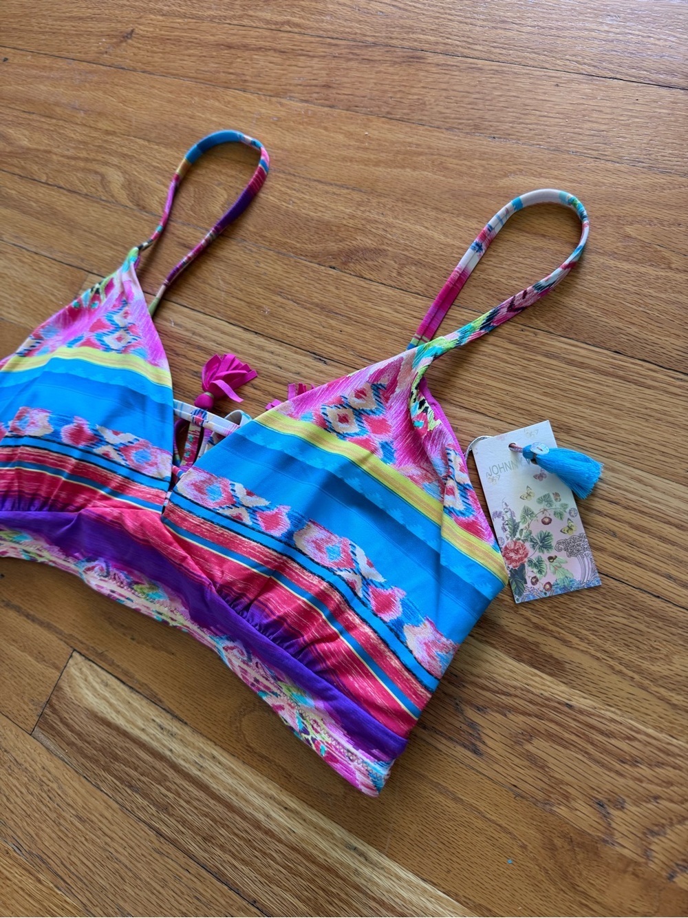 Johnny Was NWT Isabella Tie Back Striped Bikini Top — Blue, Pink, Yellow - Picture 3 of 6